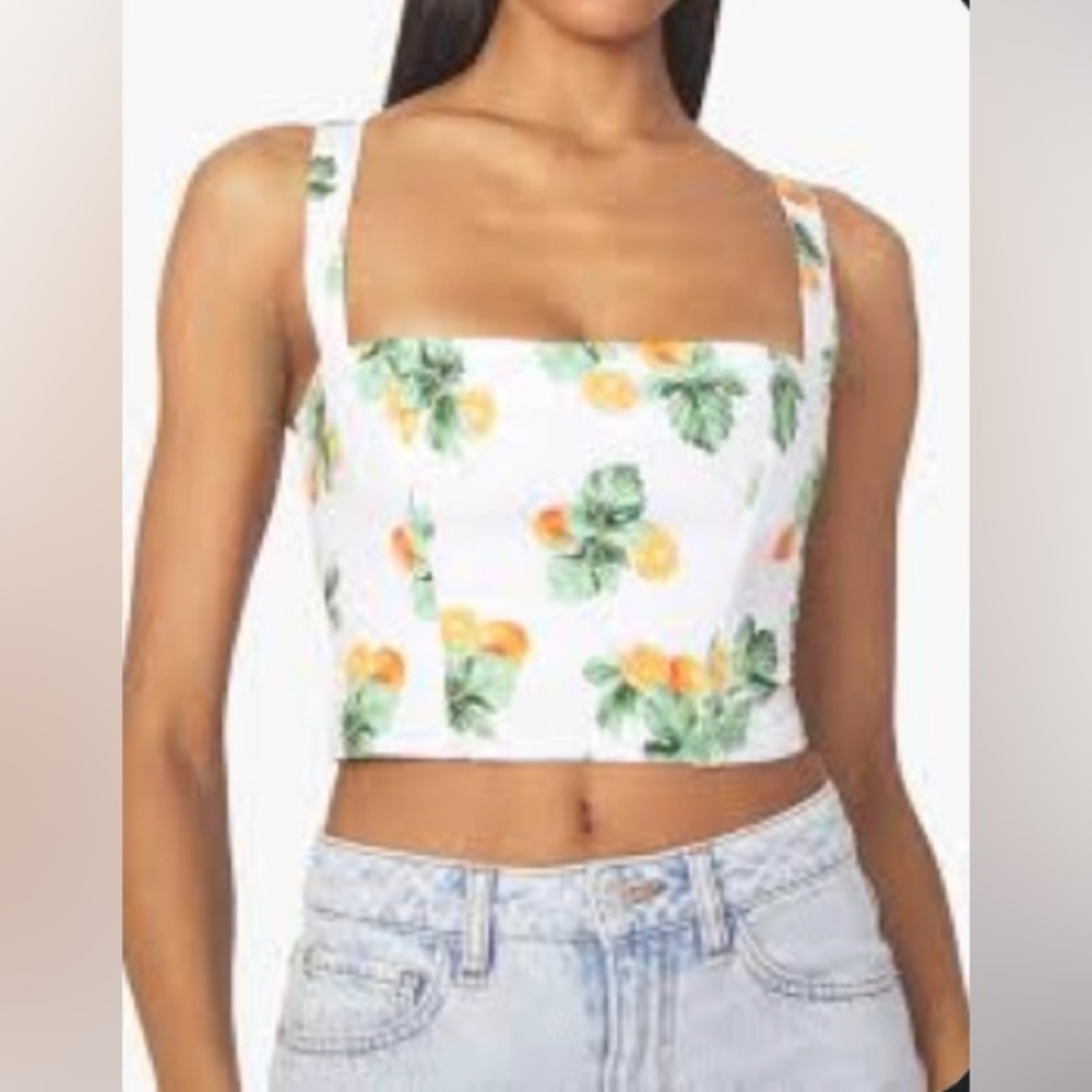 Citrus 🍊 print crop corset top |XL| gold tone hardware zip back WeWoreWhat